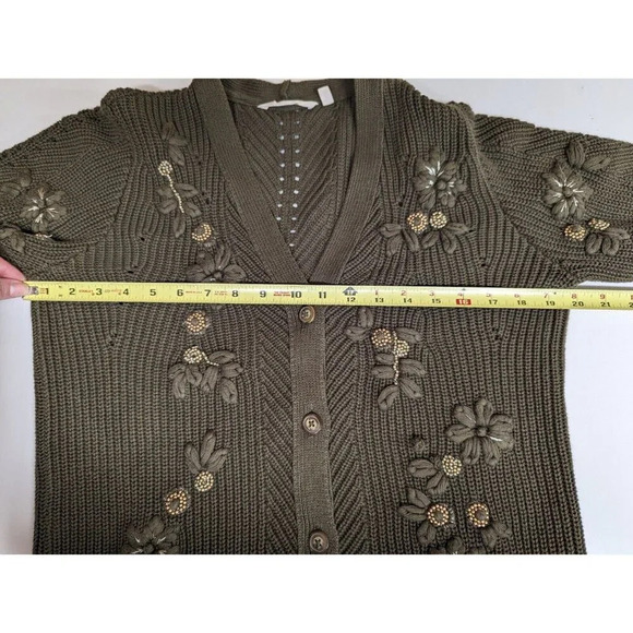 SOFT SURROUNDINGS M Green Embroidered Bead 3D Floral Cardigan Sweater Jacket - Picture 14 of 16
